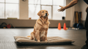 Dog practicing the place command during home training