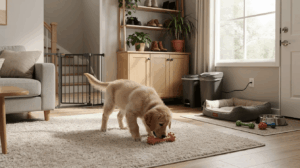 Safe puppy area with a crate, bed, toys, and water