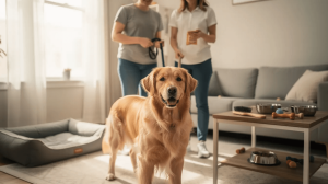 First-time dog owner guide, dog with two people and supplies