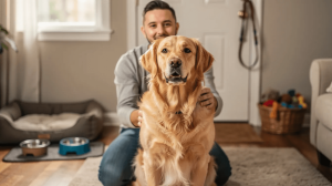First-time dog owner guide, golden retriever and man at home