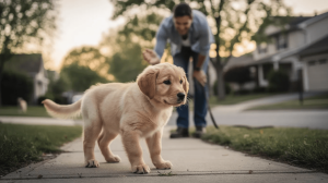 Puppy fear periods, golden puppy on sidewalk with a handler.