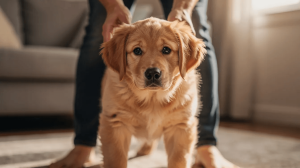 Puppy fear periods, golden puppy petted by its owner indoors