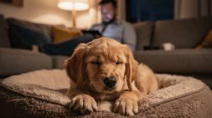 Puppy sleep schedule, golden puppy resting on a soft dog bed