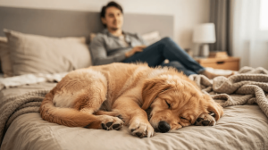 Puppy sleep schedule, golden retriever sleeping beside owner