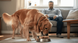 Resource guarding in dogs, golden retriever and bone in bowl