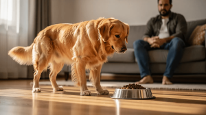 Resource guarding in dogs, golden retriever beside food bowl