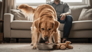 Resource guarding in dogs, dog over food bowl by a plush toy